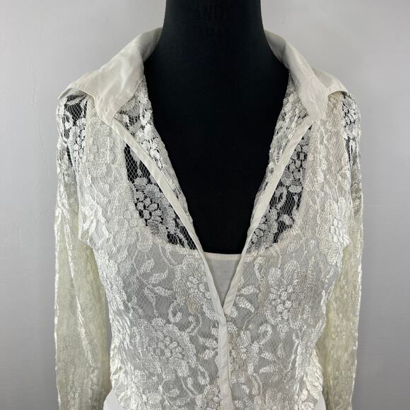 VINTAGE Anxiety Ivory Floral Lace Snap Up Long Sleeve Blouse Bodysuit Top VTG M - Picture 3 of 7